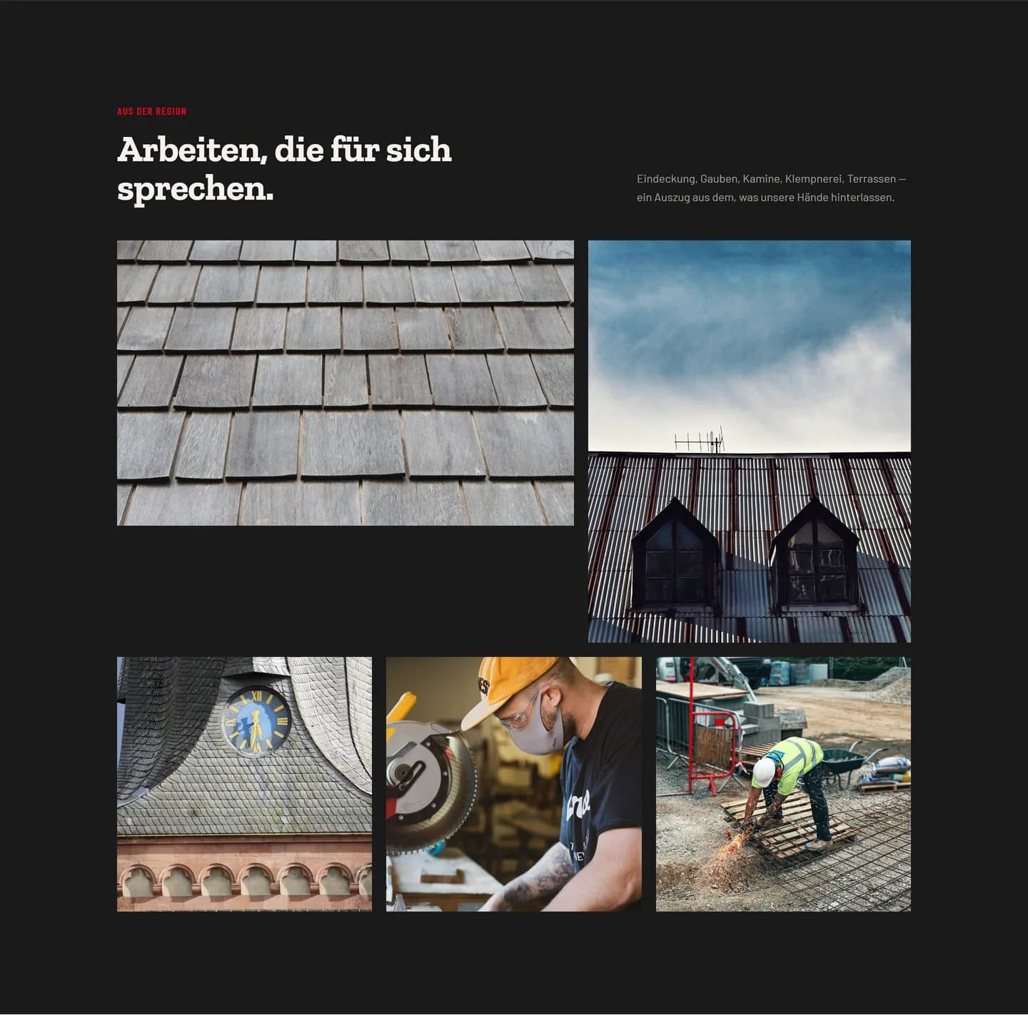 Referenzgalerie einer Dachdecker-Website mit dem Titel „Arbeiten, die für sich sprechen": Fotos von Schindeldächern, Gauben, einem Kirchturmdach und Handwerkern bei der Arbeit.