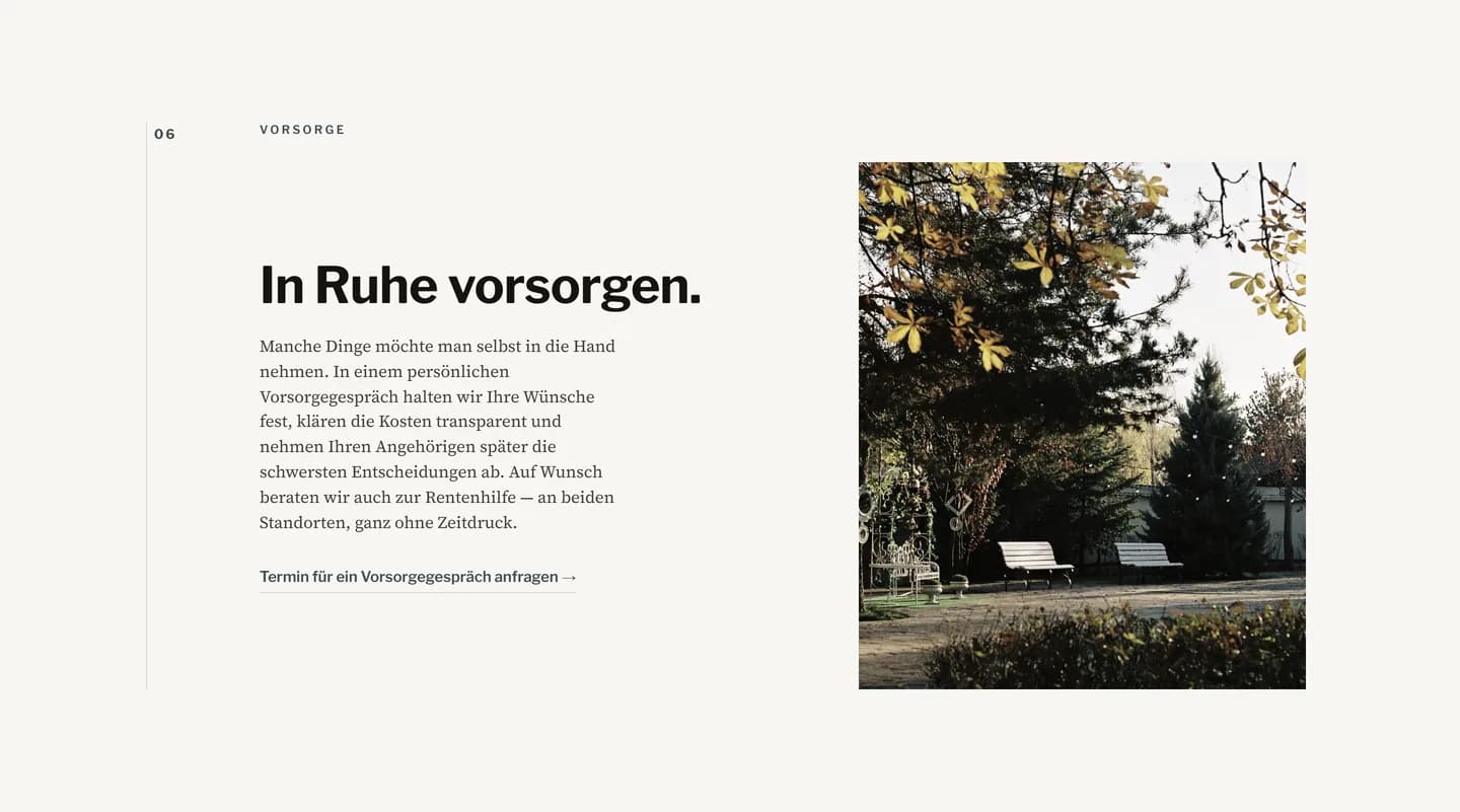 Abschnitt „In Ruhe vorsorgen" einer Bestatter-Website: Text zur Bestattungsvorsorge mit Kostentransparenz und ein Link, um einen Termin für ein Vorsorgegespräch anzufragen.