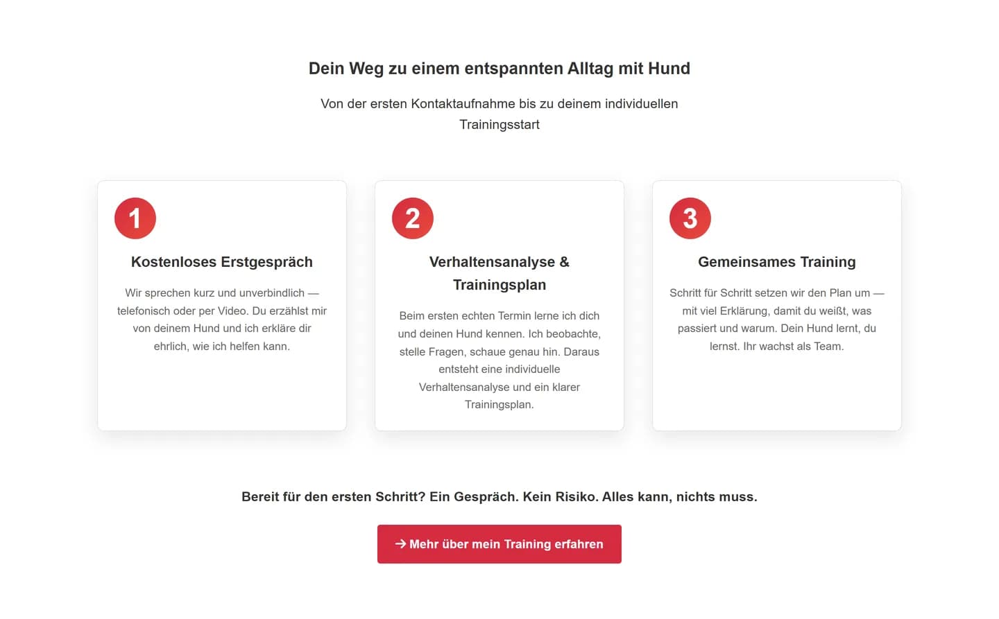 Abschnitt „Dein Weg zu einem entspannten Alltag mit Hund": drei nummerierte Schritte – kostenloses Erstgespräch, Verhaltensanalyse und Trainingsplan, gemeinsames Training – darunter der Hinweis „Ein Gespräch. Kein Risiko."
