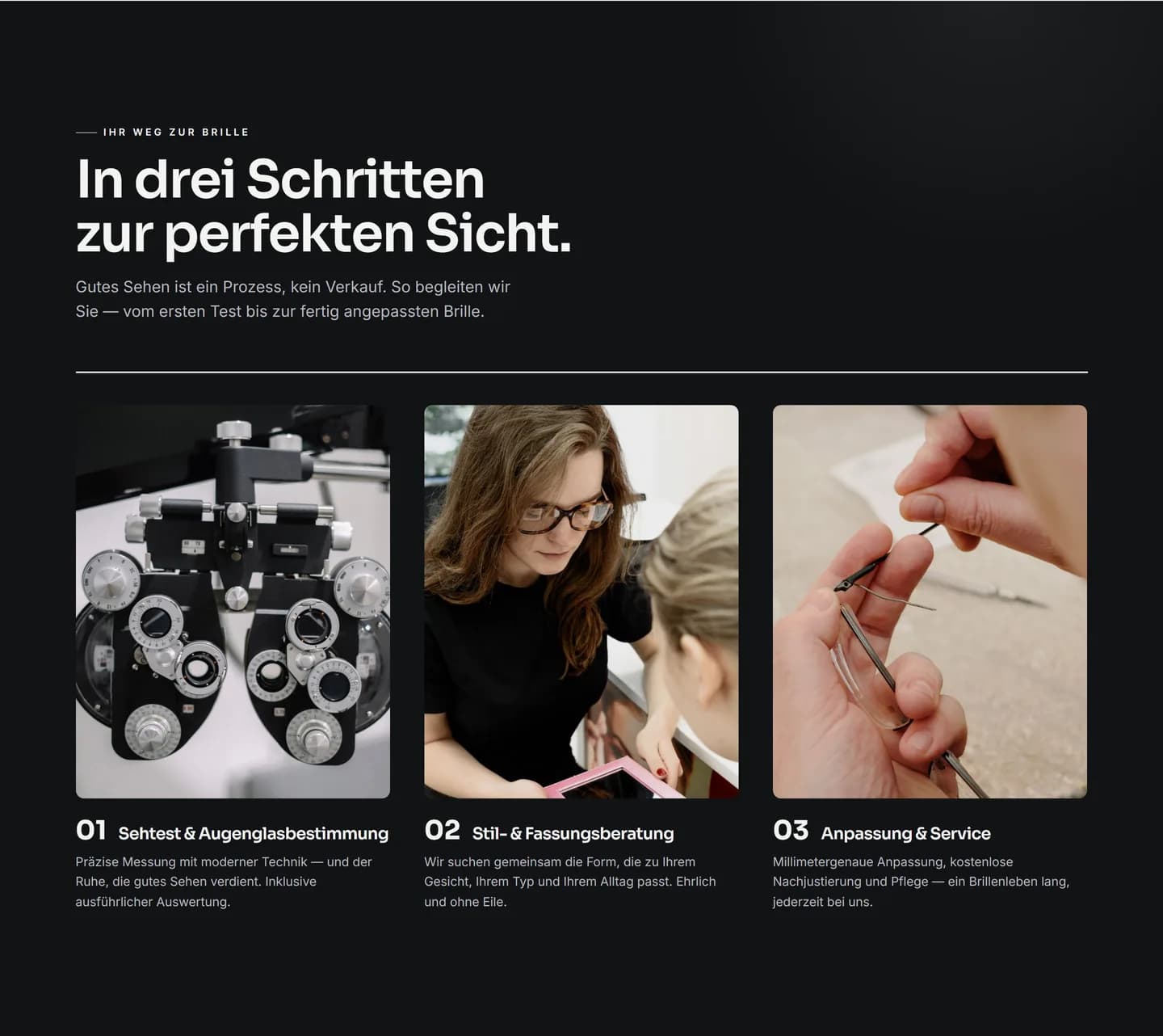 Abschnitt „In drei Schritten zur perfekten Sicht" einer Optiker-Website: drei bebilderte Karten – Sehtest & Augenglasbestimmung, Stil- & Fassungsberatung, Anpassung & Service.